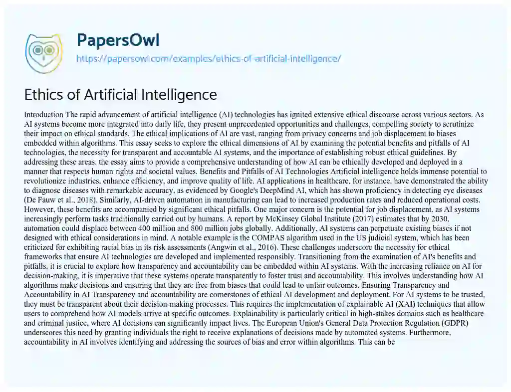 Essay on Ethics of Artificial Intelligence