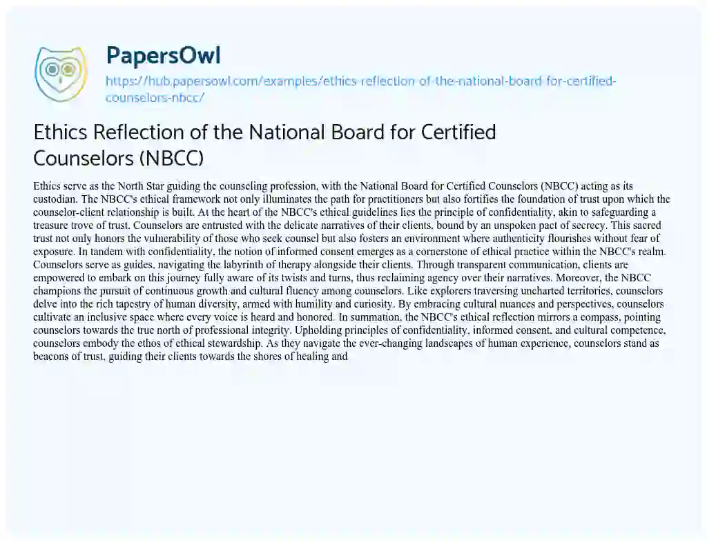 Essay on Ethics Reflection of the National Board for Certified Counselors (NBCC)