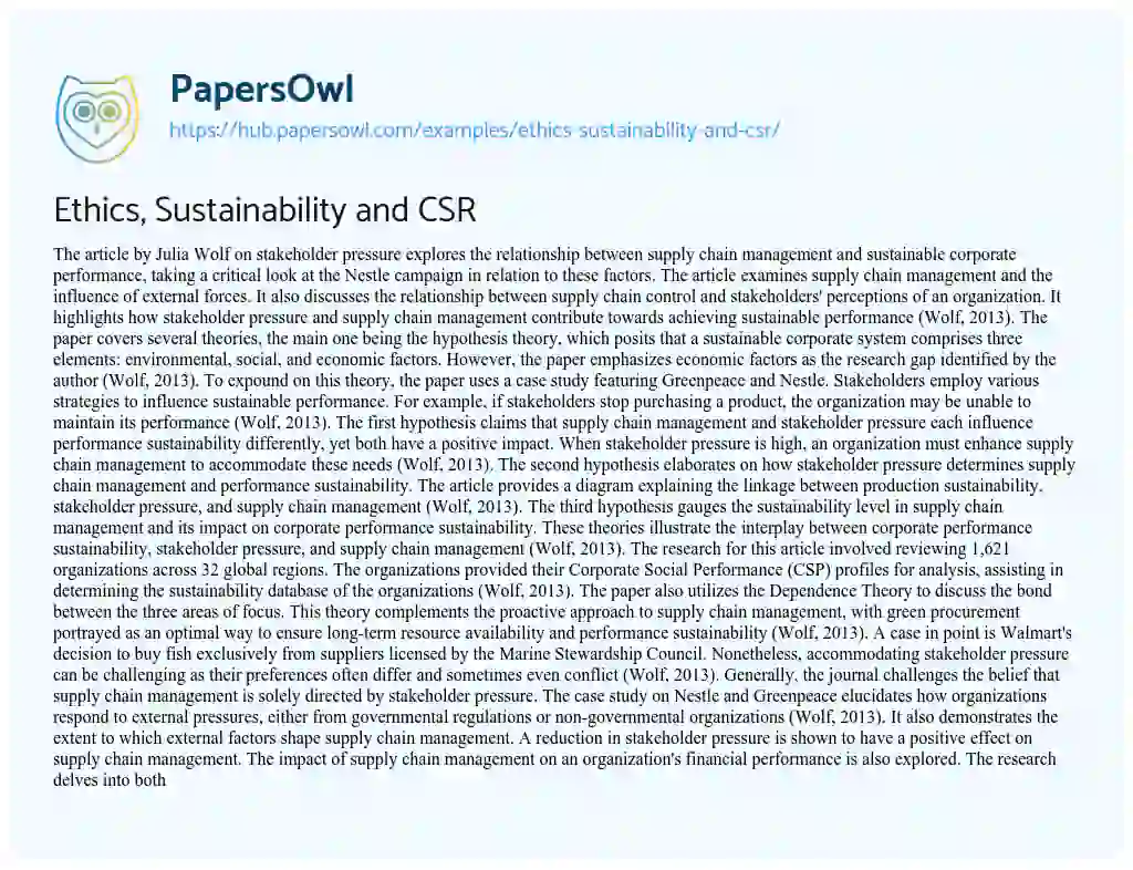 Essay on Ethics, Sustainability and CSR