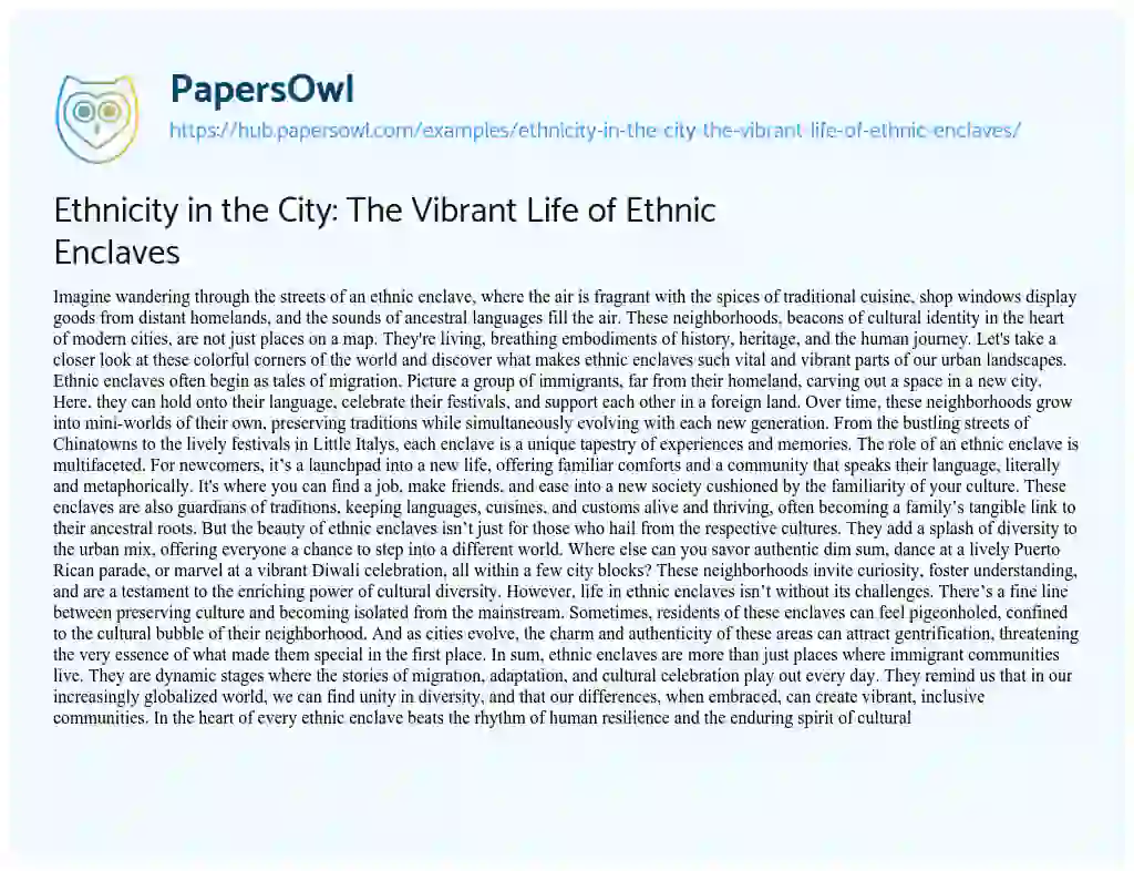 Essay on Ethnicity in the City: The Vibrant Life of Ethnic Enclaves