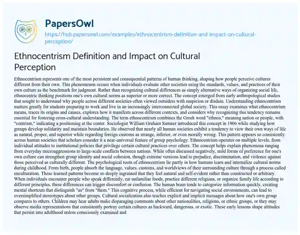 Essay on Ethnocentrism Definition and Impact on Cultural Perception