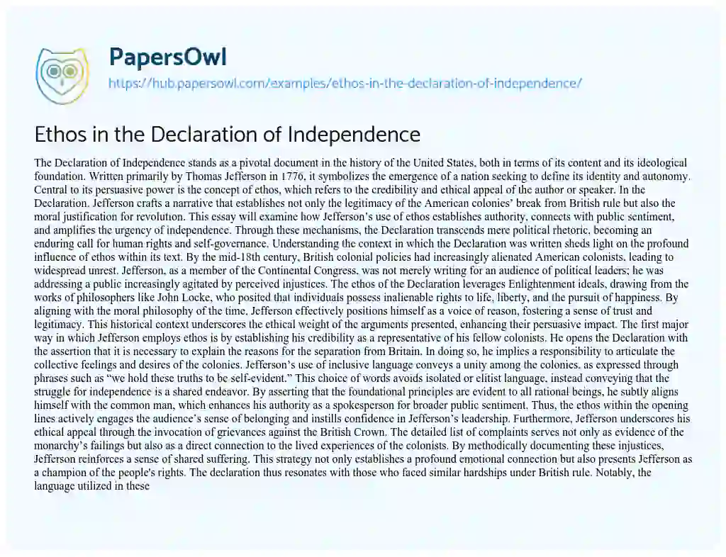Essay on Ethos in the Declaration of Independence