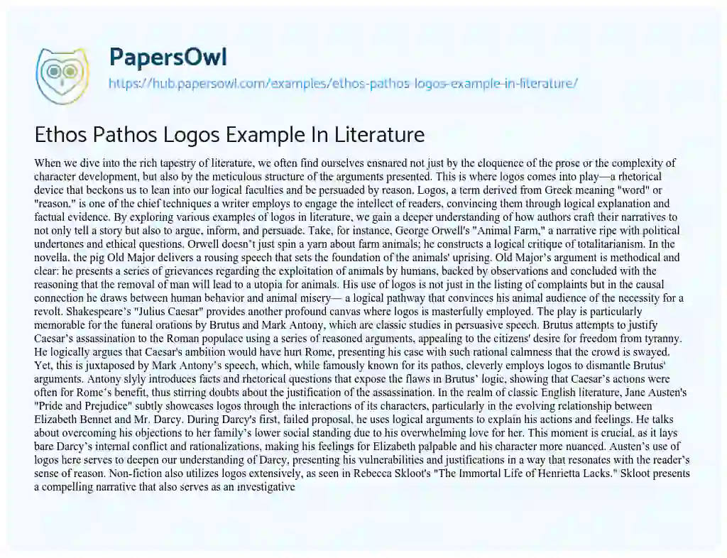 Essay on Ethos Pathos Logos Example In Literature