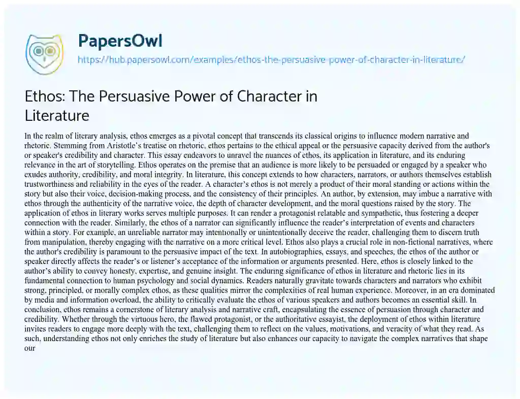 Essay on Ethos: The Persuasive Power of Character in Literature