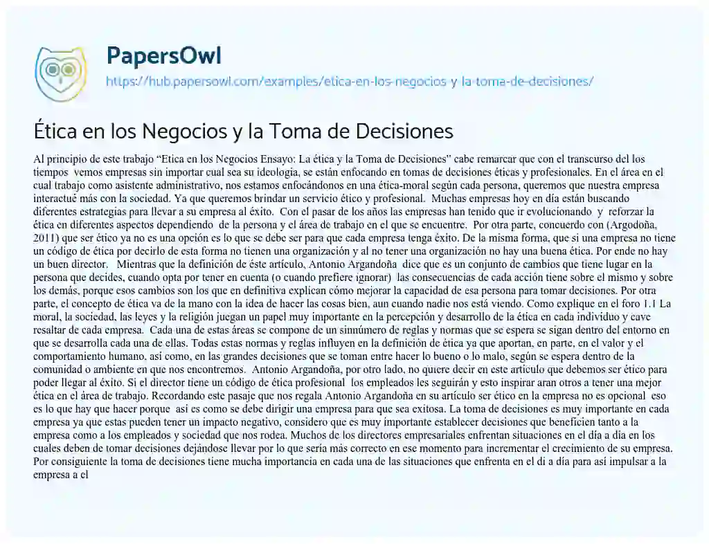 Essay on Ética en los Negocios y la Toma de Decisiones