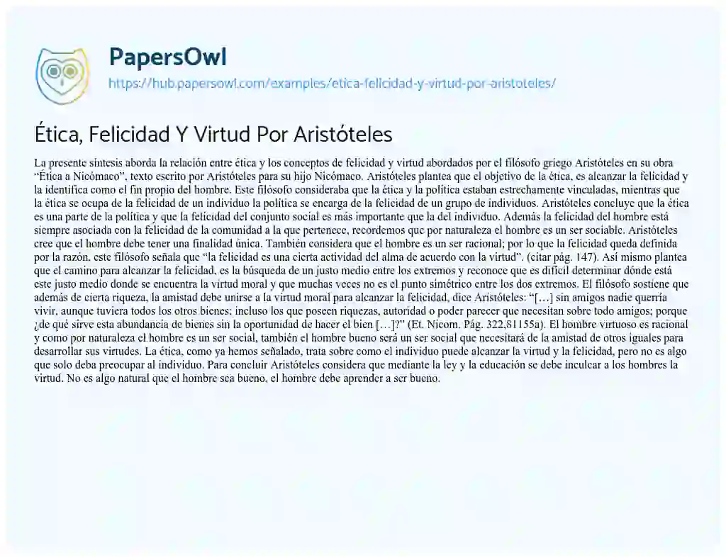 Essay on Ética, Felicidad Y Virtud Por Aristóteles