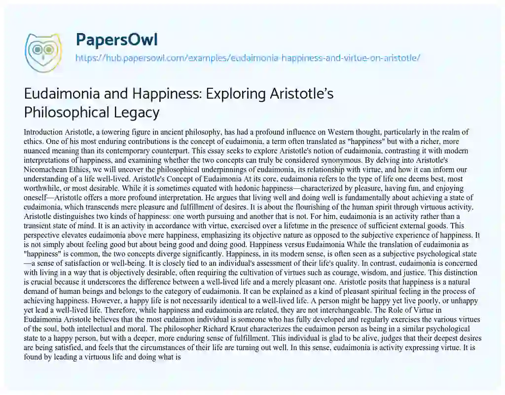 Essay on Eudaimonia and Happiness: Exploring Aristotle’s Philosophical Legacy