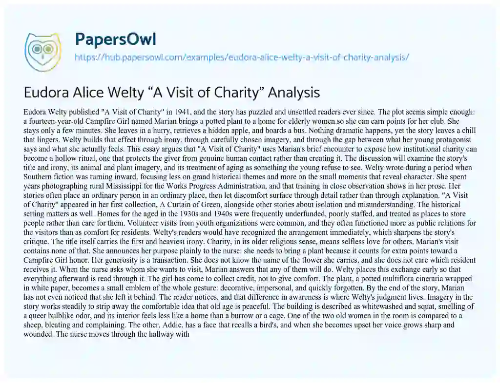 Essay on Eudora Alice Welty “A Visit of Charity” Analysis