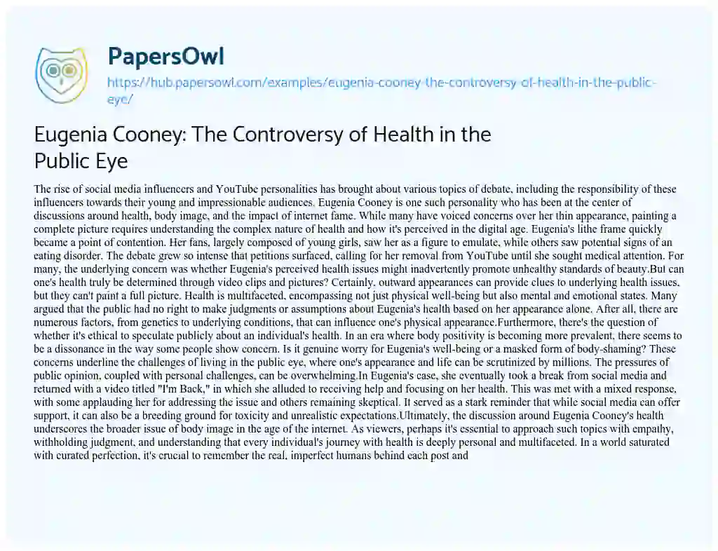 Essay on Eugenia Cooney: The Controversy of Health in the Public Eye