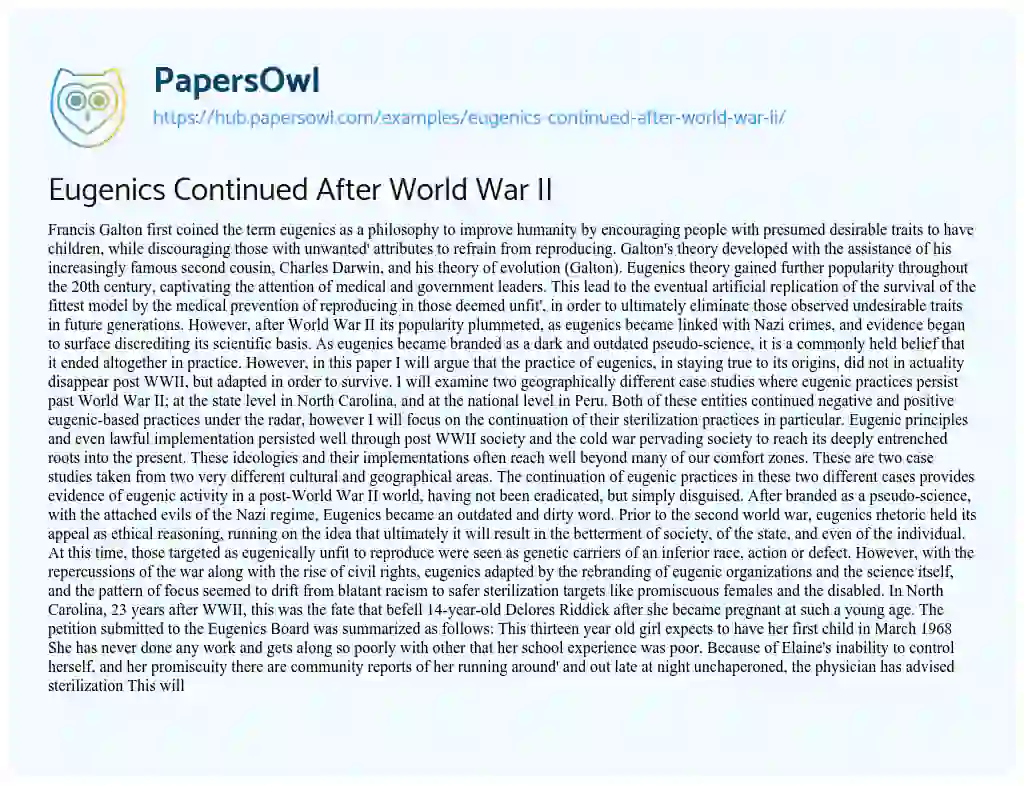 Essay on Eugenics Continued After World War II