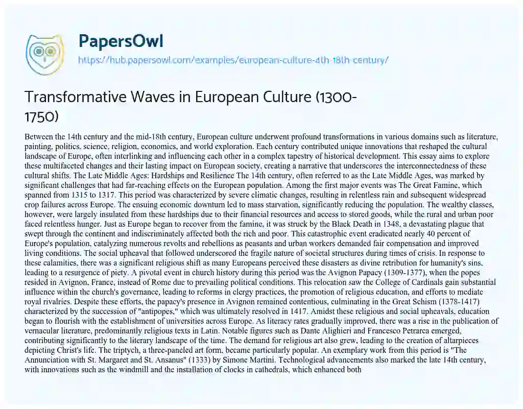 Essay on Transformative Waves in European Culture (1300-1750)