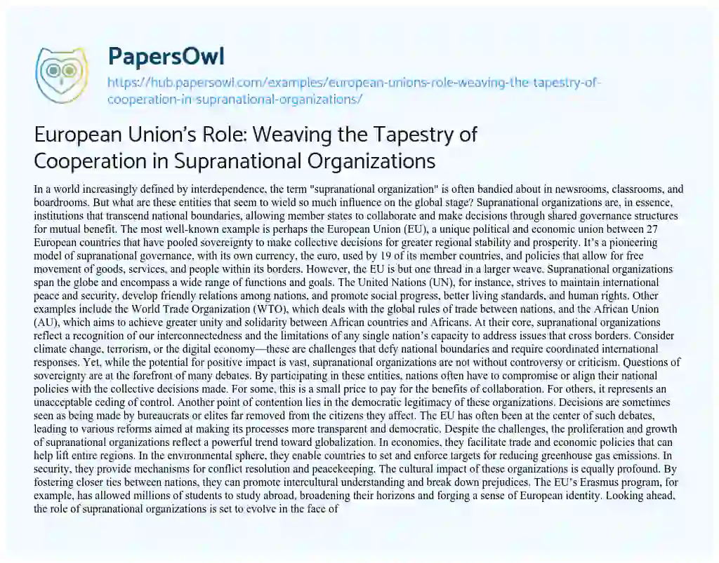 Essay on European Union’s Role: Weaving the Tapestry of Cooperation in Supranational Organizations
