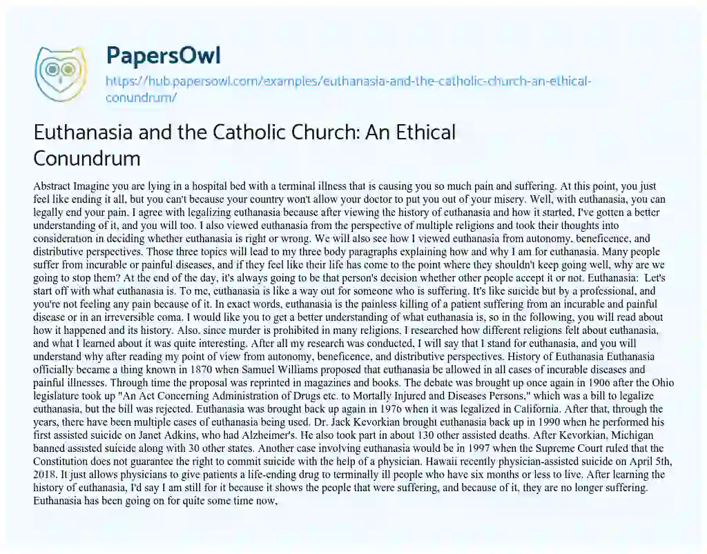 Essay on Euthanasia and the Catholic Church: An Ethical Conundrum