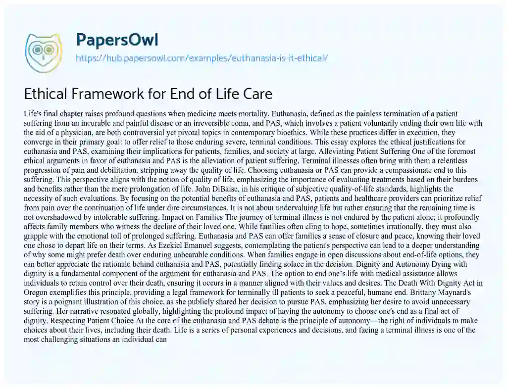 Essay on Ethical Framework for End of Life Care
