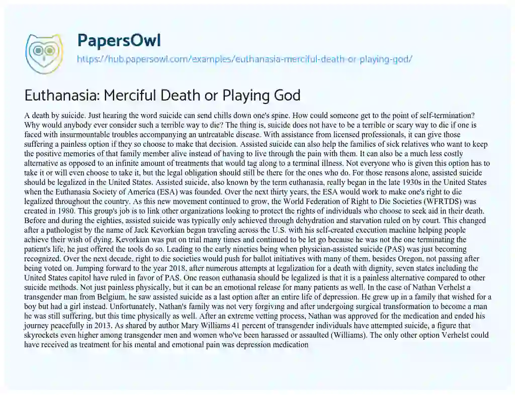 Essay on Euthanasia: Merciful Death or Playing God