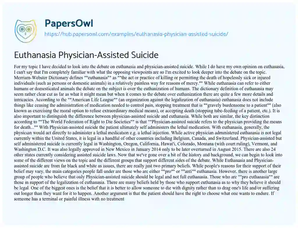 Essay on Euthanasia Physician-Assisted Suicide