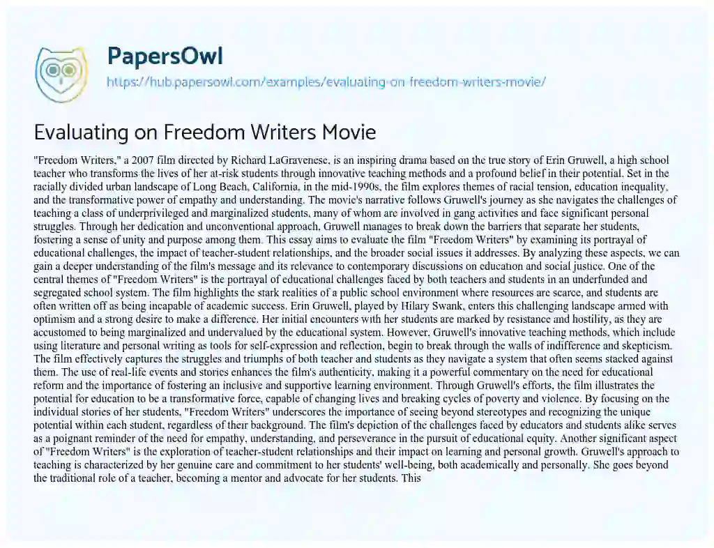 Essay on Evaluating on Freedom Writers Movie
