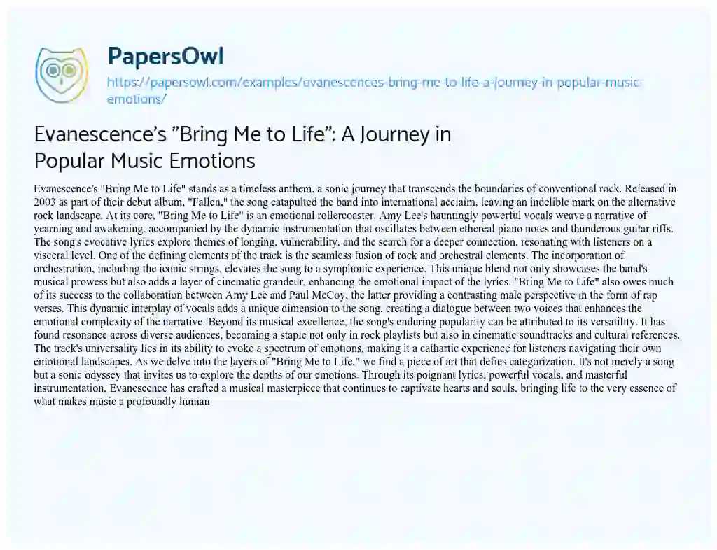 Essay on Evanescence’s “Bring Me to Life”: A Journey in Popular Music Emotions