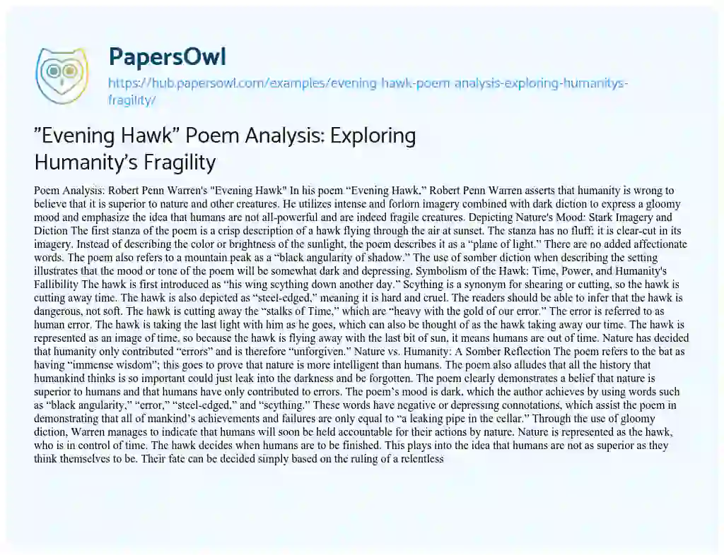 Essay on “Evening Hawk” Poem Analysis: Exploring Humanity’s Fragility