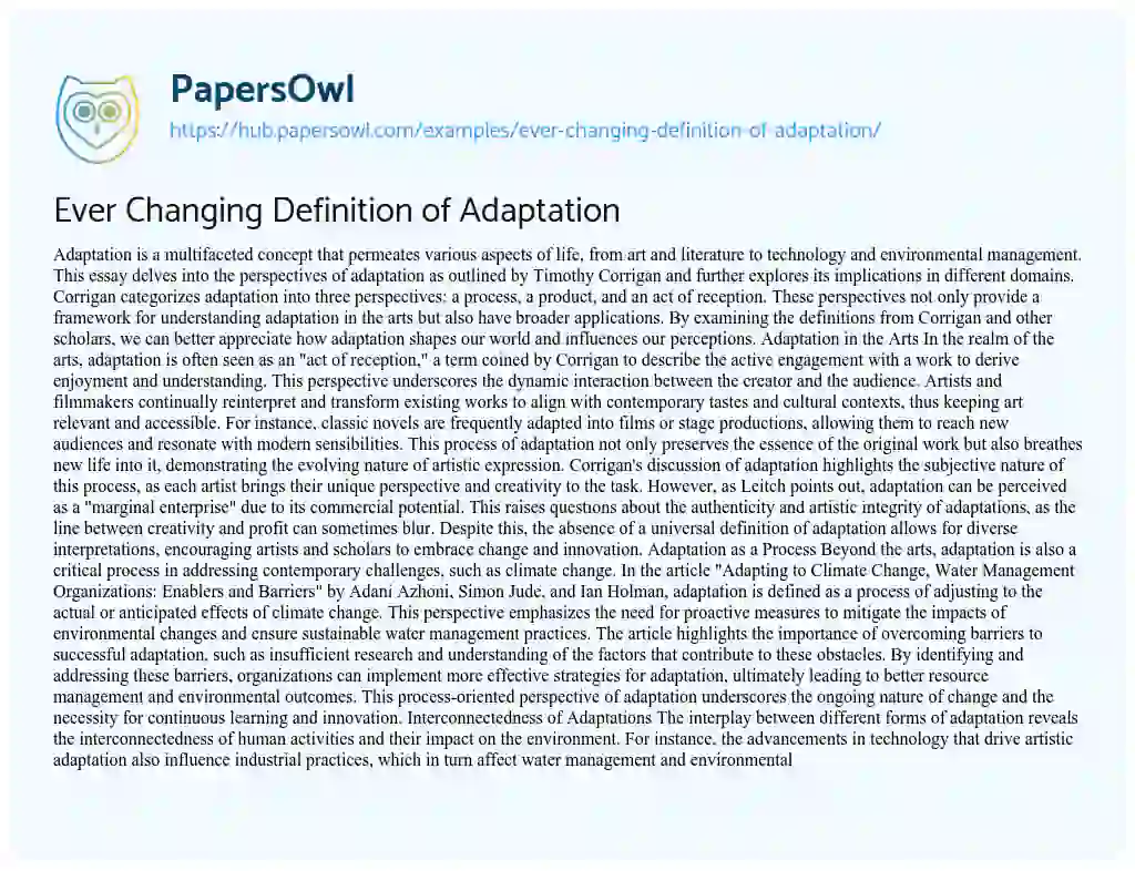 Essay on Ever Changing Definition of Adaptation