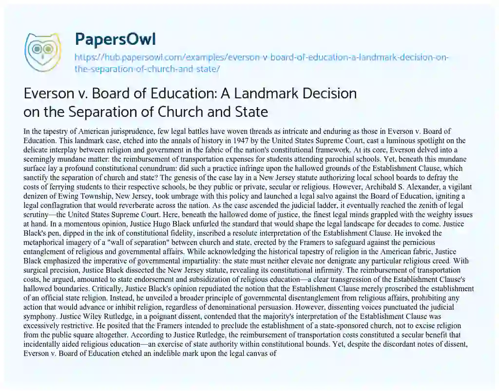 Essay on Everson v. Board of Education: A Landmark Decision on the Separation of Church and State