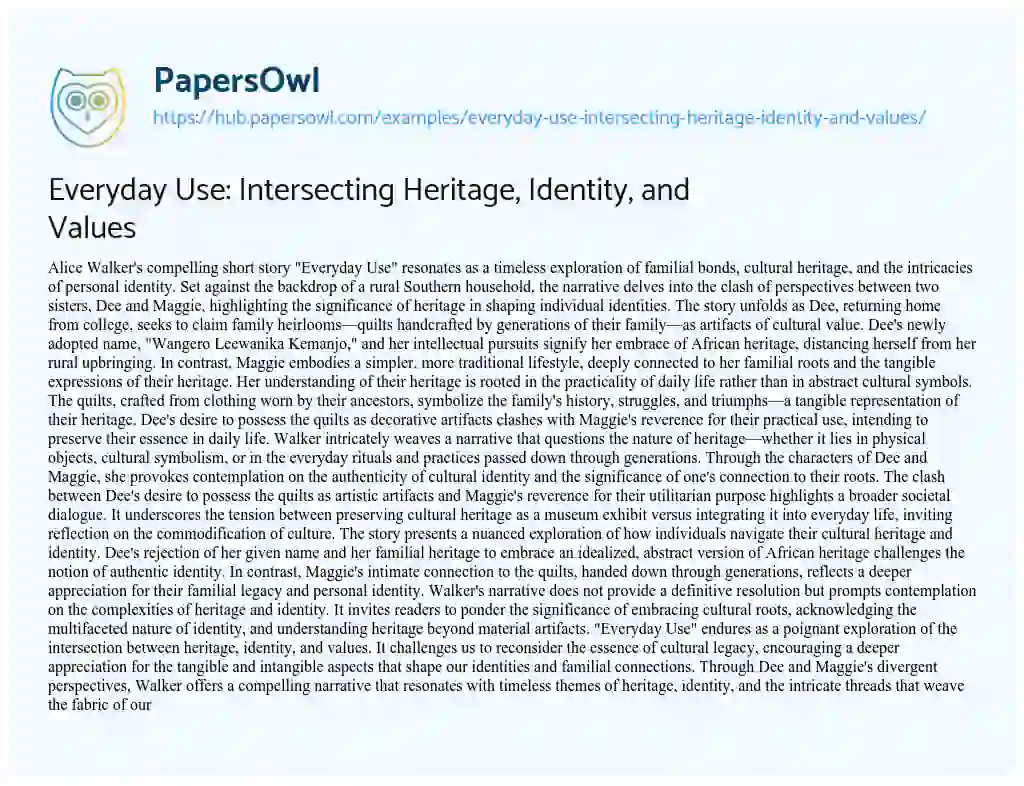 Essay on Everyday Use: Intersecting Heritage, Identity, and Values