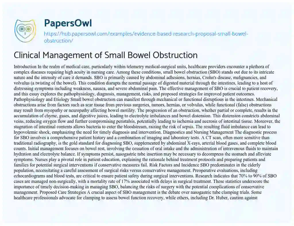 Essay on Clinical Management of Small Bowel Obstruction