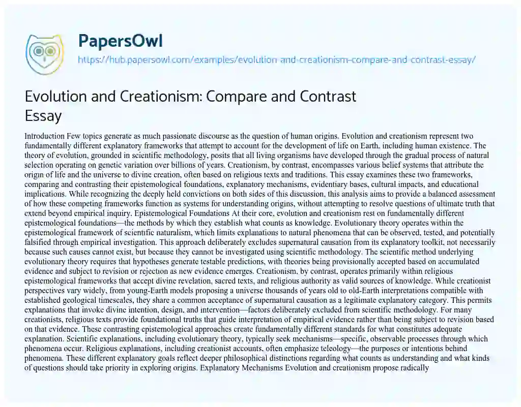 Essay on Evolution and Creationism: Compare and Contrast Essay