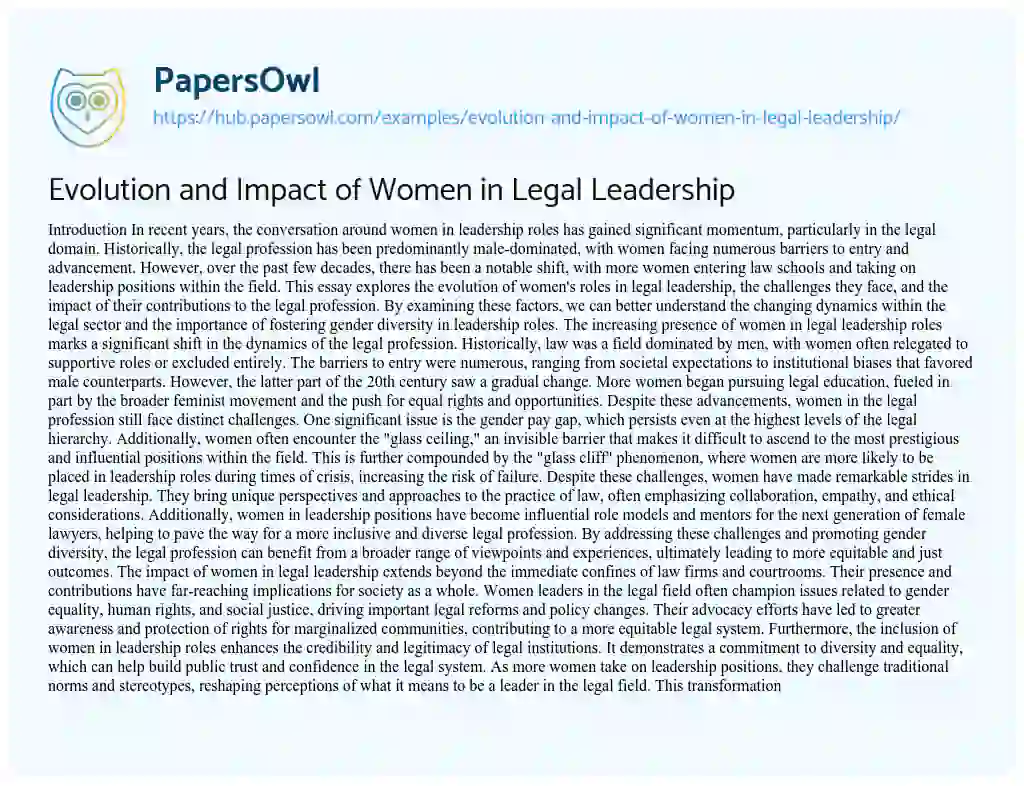 Essay on Evolution and Impact of Women in Legal Leadership