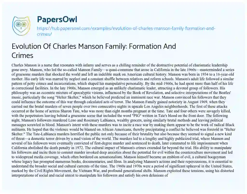 Essay on Evolution Of Charles Manson Family: Formation And Crimes