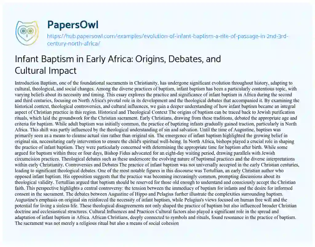 Essay on Infant Baptism in Early Africa: Origins, Debates, and Cultural Impact