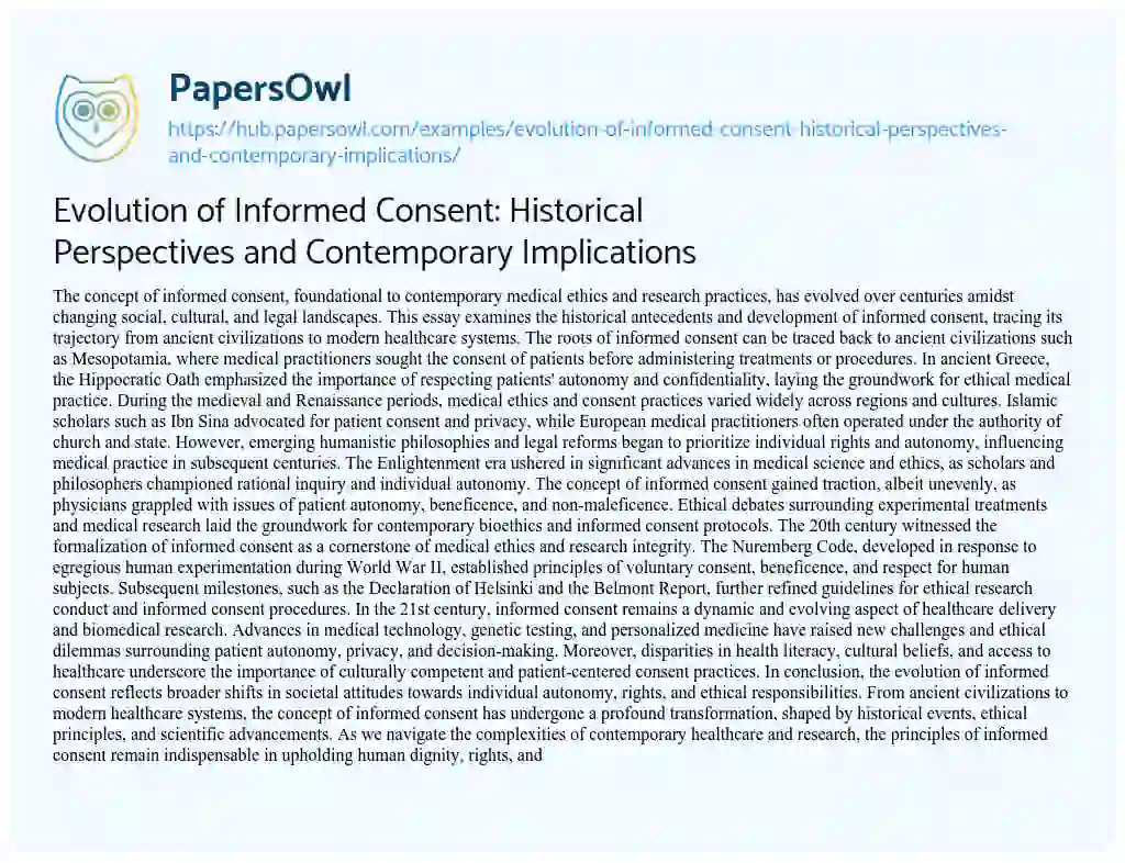 Essay on Evolution of Informed Consent: Historical Perspectives and Contemporary Implications