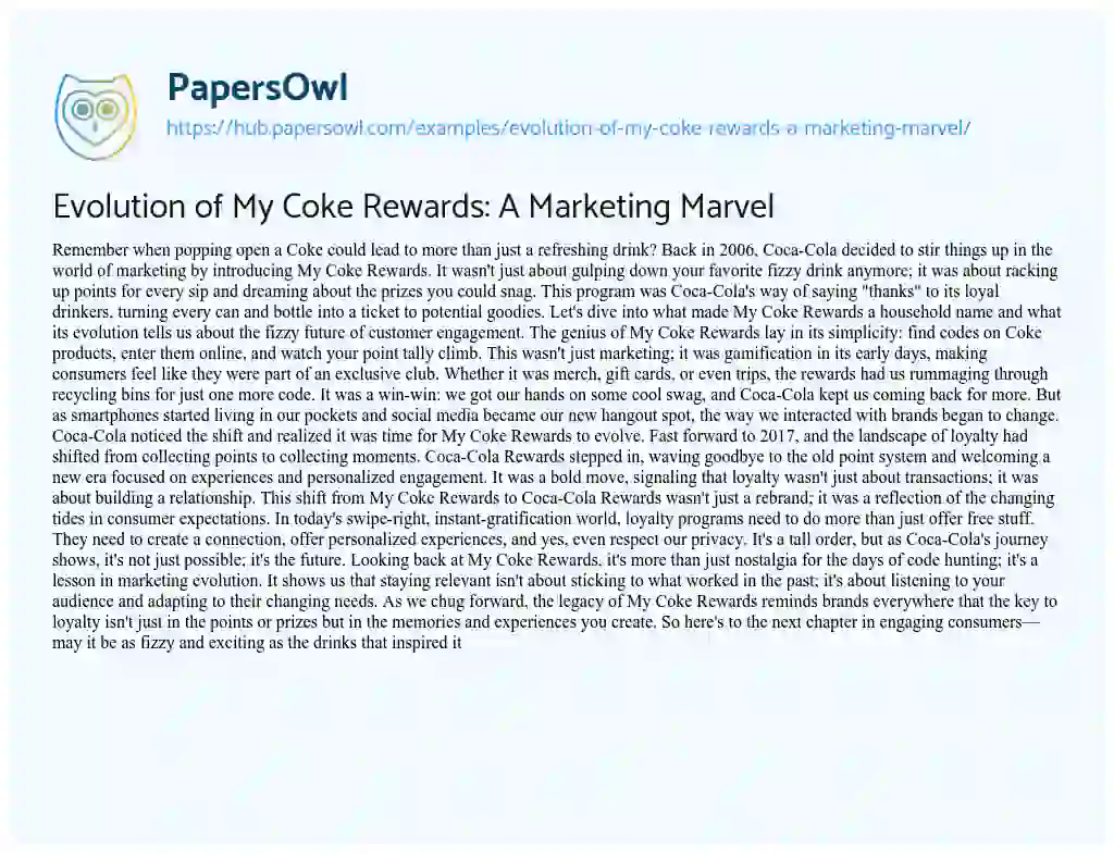 Essay on Evolution of My Coke Rewards: A Marketing Marvel