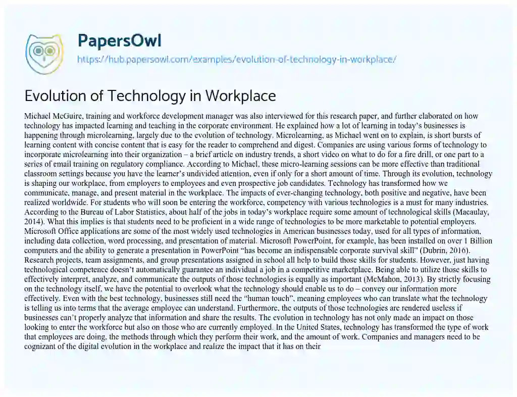 Essay on Evolution of Technology in Workplace