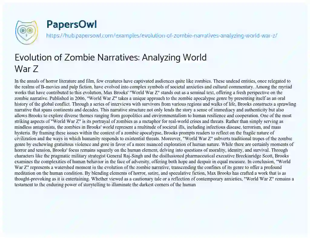Essay on Evolution of Zombie Narratives: Analyzing World War Z