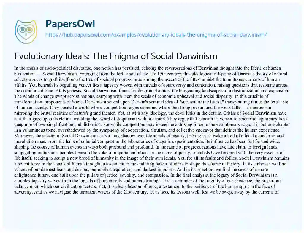 Essay on Evolutionary Ideals: The Enigma of Social Darwinism