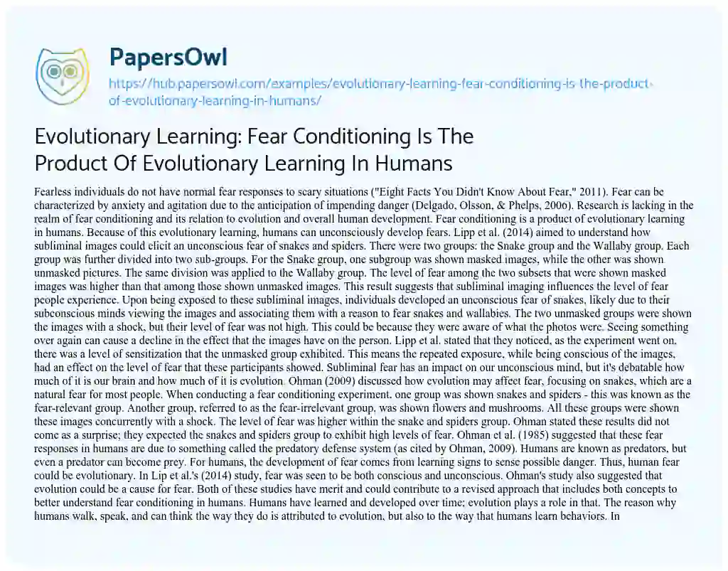Essay on Evolutionary Learning: Fear Conditioning Is The Product Of Evolutionary Learning In Humans