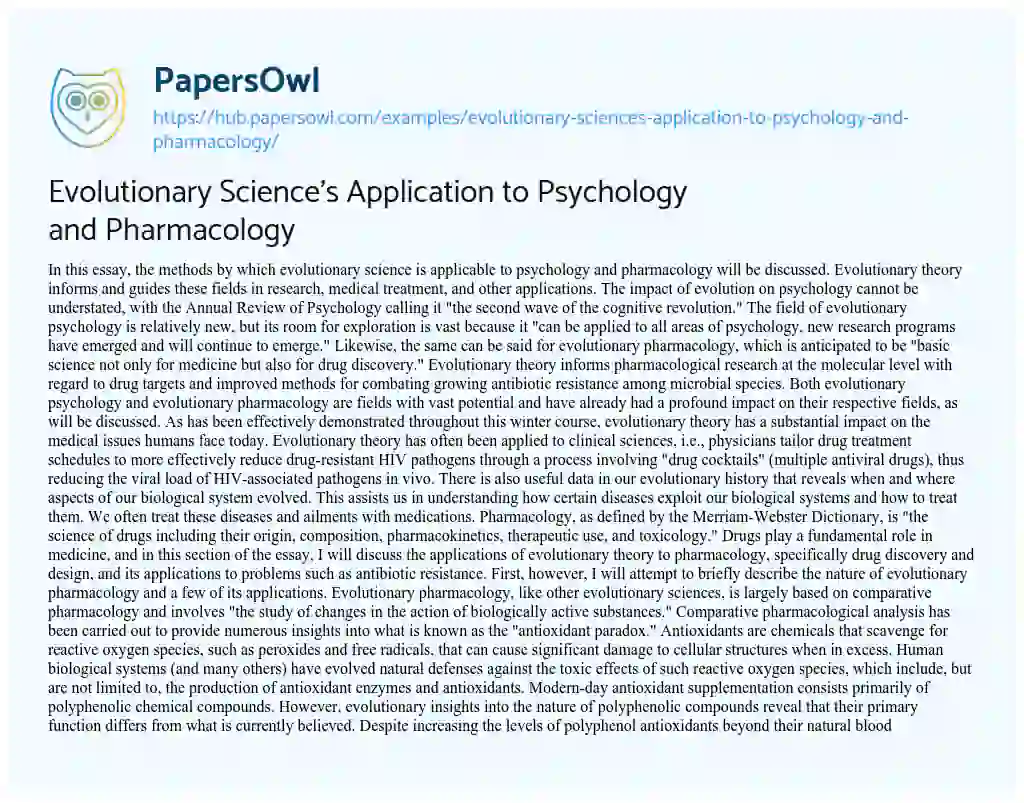 Essay on Evolutionary Science’s Application to Psychology and Pharmacology