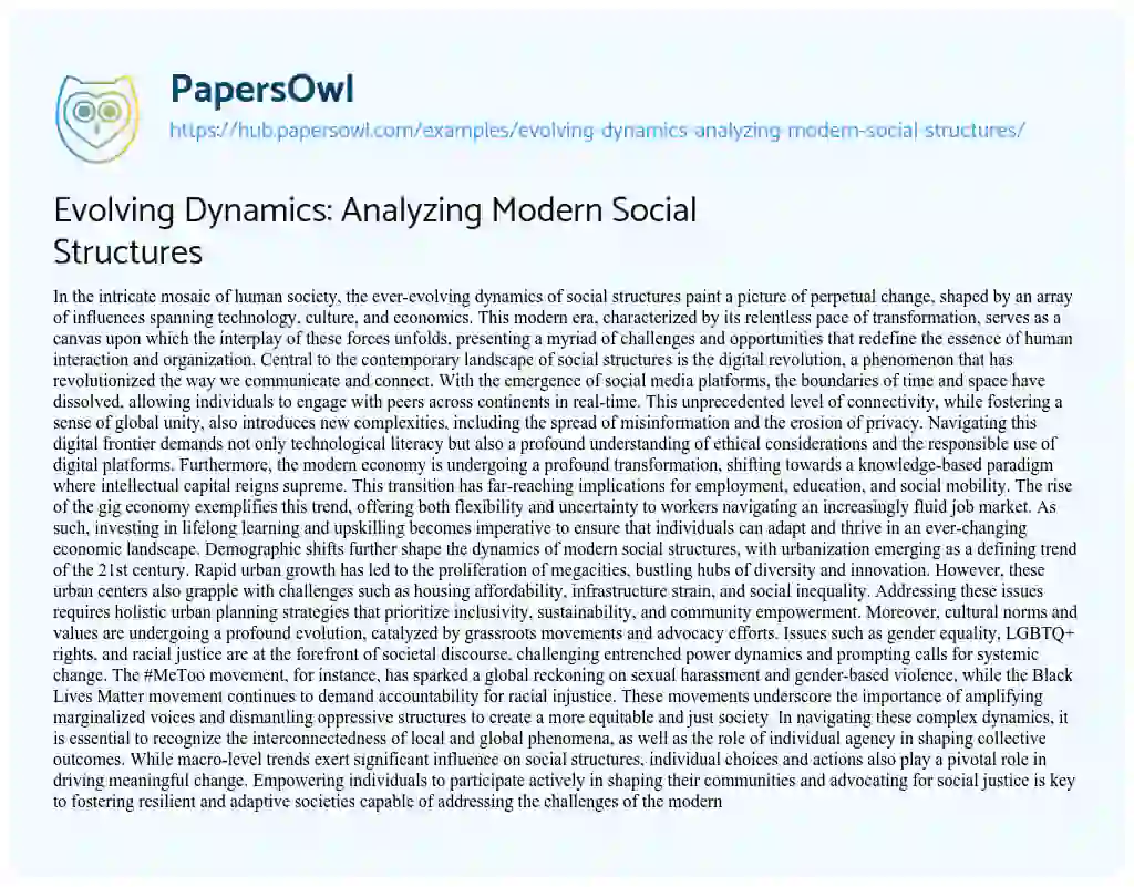 Essay on Evolving Dynamics: Analyzing Modern Social Structures