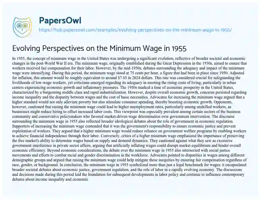 Essay on Evolving Perspectives on the Minimum Wage in 1955