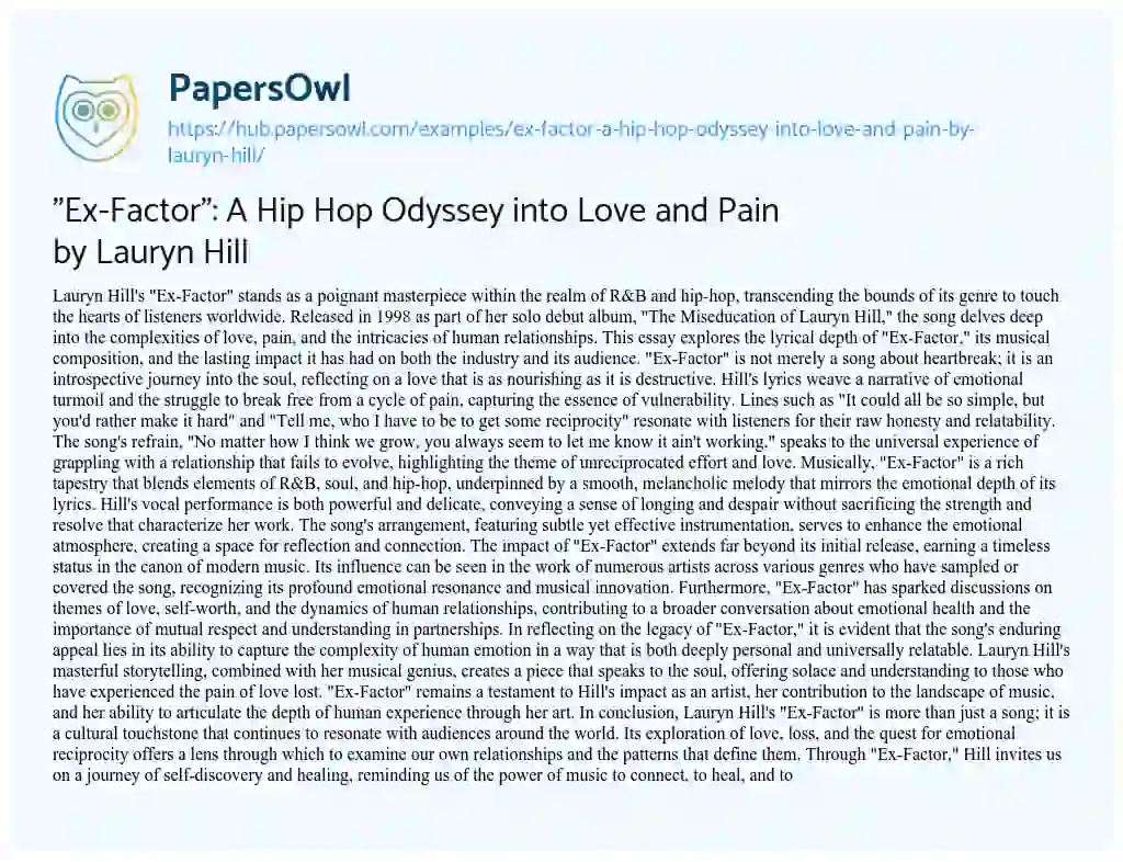 Essay on “Ex-Factor”: A Hip Hop Odyssey into Love and Pain by Lauryn Hill