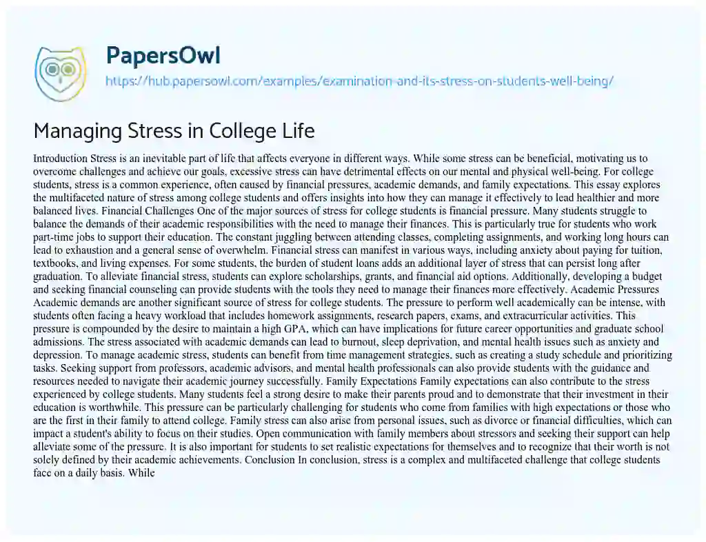Essay on Managing Stress in College Life