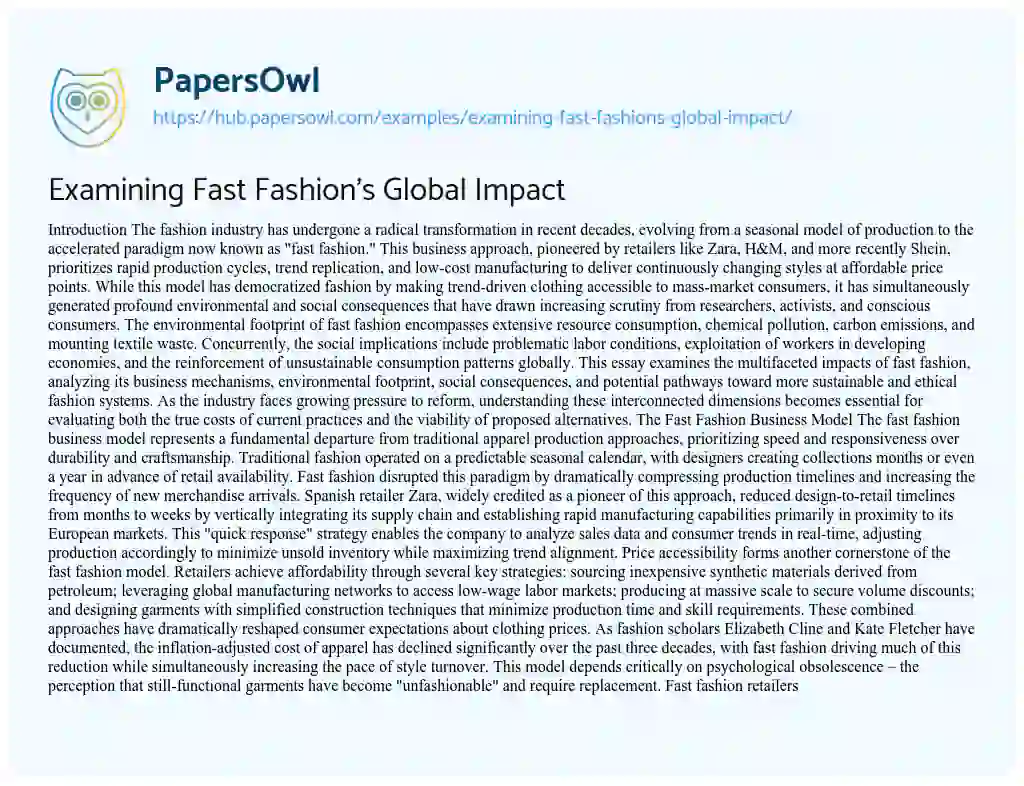 Essay on Examining Fast Fashion’s Global Impact
