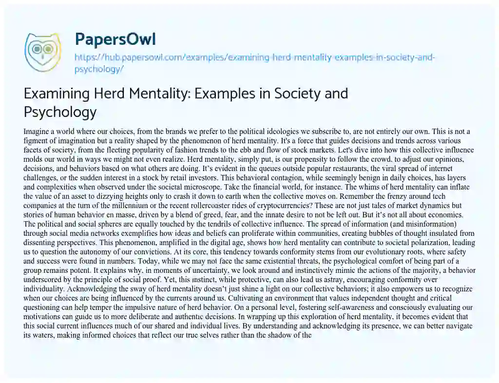 Essay on Examining Herd Mentality: Examples in Society and Psychology