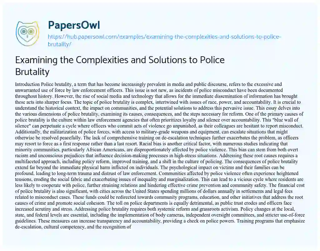 Essay on Examining the Complexities and Solutions to Police Brutality