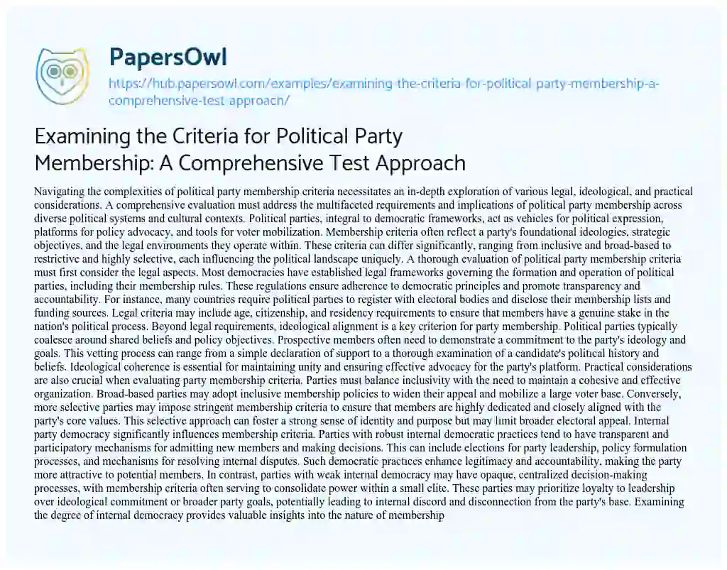 Essay on Examining the Criteria for Political Party Membership: A Comprehensive Test Approach