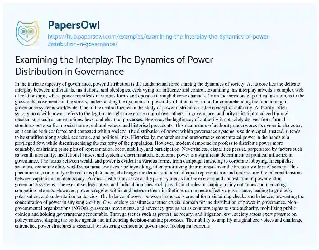 Essay on Examining the Interplay: The Dynamics of Power Distribution in Governance