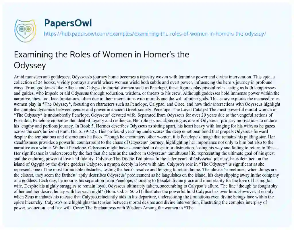 Essay on Examining the Roles of Women in Homer’s the Odyssey