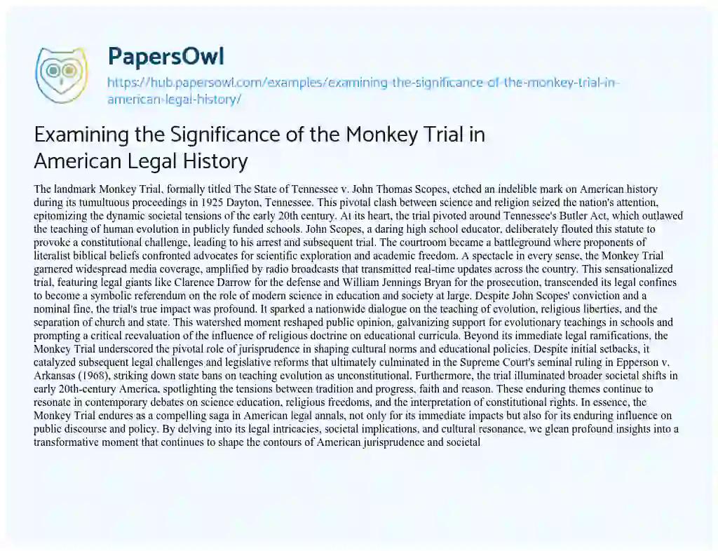 Essay on Examining the Significance of the Monkey Trial in American Legal History