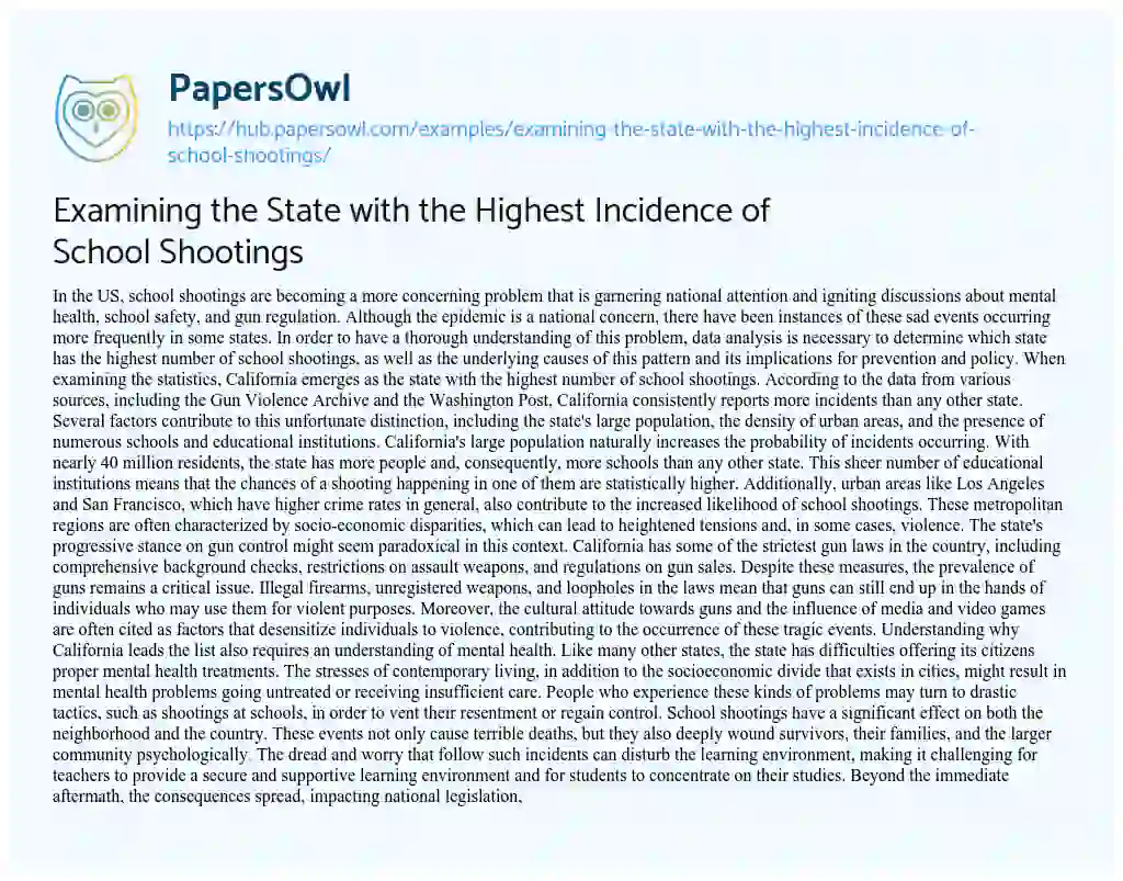 Essay on Examining the State with the Highest Incidence of School Shootings